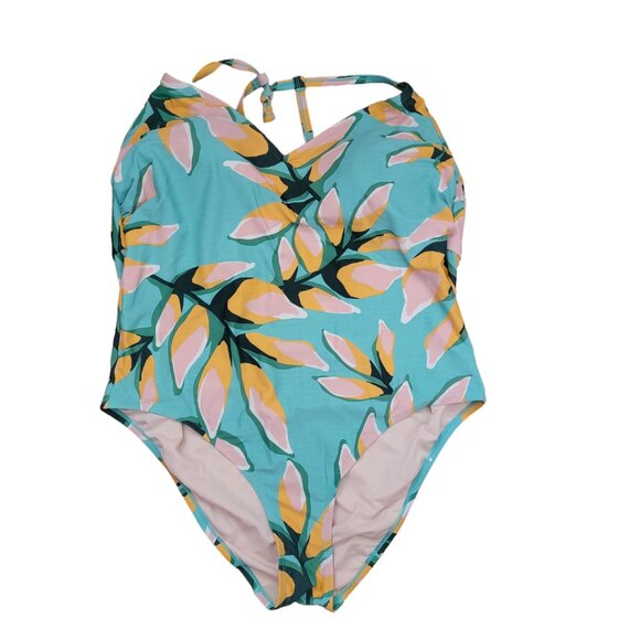 Kona Sol Criss Cross Back One Piece Tropical Leaf Print Swimsuit - Picture 4 of 15